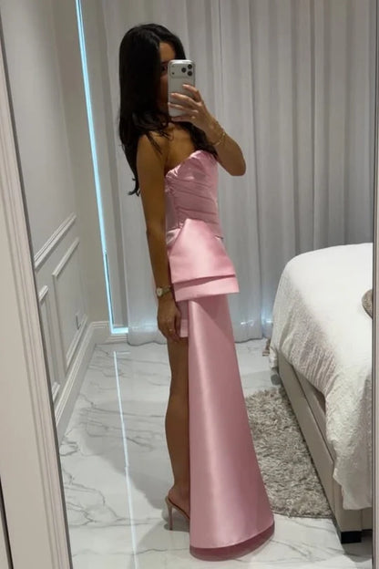 Delicate Pink Strapless Ruched Satin Bodycon Short Homecoming Dress Side Draped Extra Long Floor Sweeping Satin Streamer AS854
