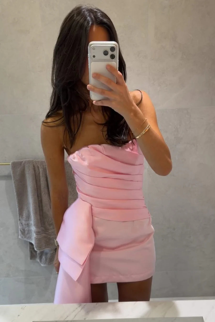 Delicate Pink Strapless Ruched Satin Bodycon Short Homecoming Dress Side Draped Extra Long Floor Sweeping Satin Streamer AS854