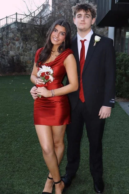 Sleek Red Soft Cowl Neckline Satin Short Bodycon Homecoming Dress AS856