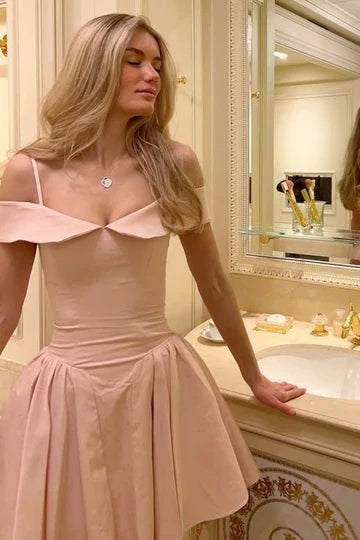 Chic Light Pink Off The Shoulder Spaghetti Straps A Line Short Homecoming Dress AS857
