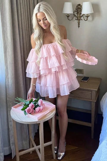 Airy Light Pink Off Shoulder Three Quarter Multi-Layer Ruffle Organza A Line Short Homecoming Dress AS858