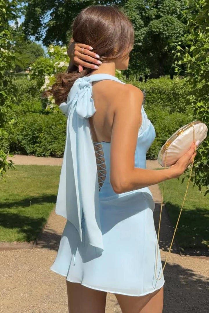 Soft Light Blue Halter Square Neck Short Bodycon Homecoming Dress With Waist Draped Chiffon AS859