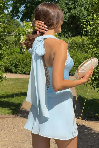 Soft Light Blue Halter Square Neck Short Bodycon Homecoming Dress With Waist Draped Chiffon AS859