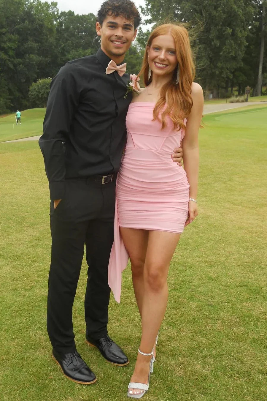 Soft Light Pink Strapless Mini Ruched Bodycon Homecoming Dress With Floating Side Sash AS860