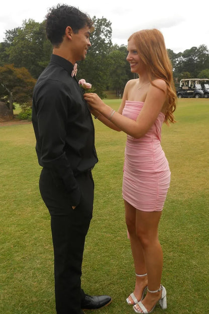 Soft Light Pink Strapless Mini Ruched Bodycon Homecoming Dress With Floating Side Sash AS860