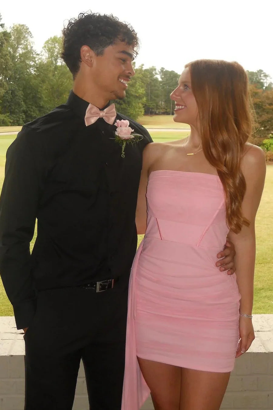 Soft Light Pink Strapless Mini Ruched Bodycon Homecoming Dress With Floating Side Sash AS860