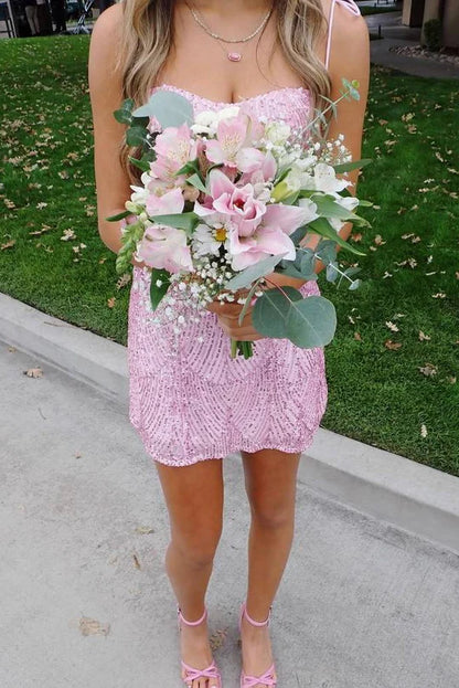 Sparkling Pink Spaghetti Tie Strap Sequin Short Sheath Homecoming Dress AS862