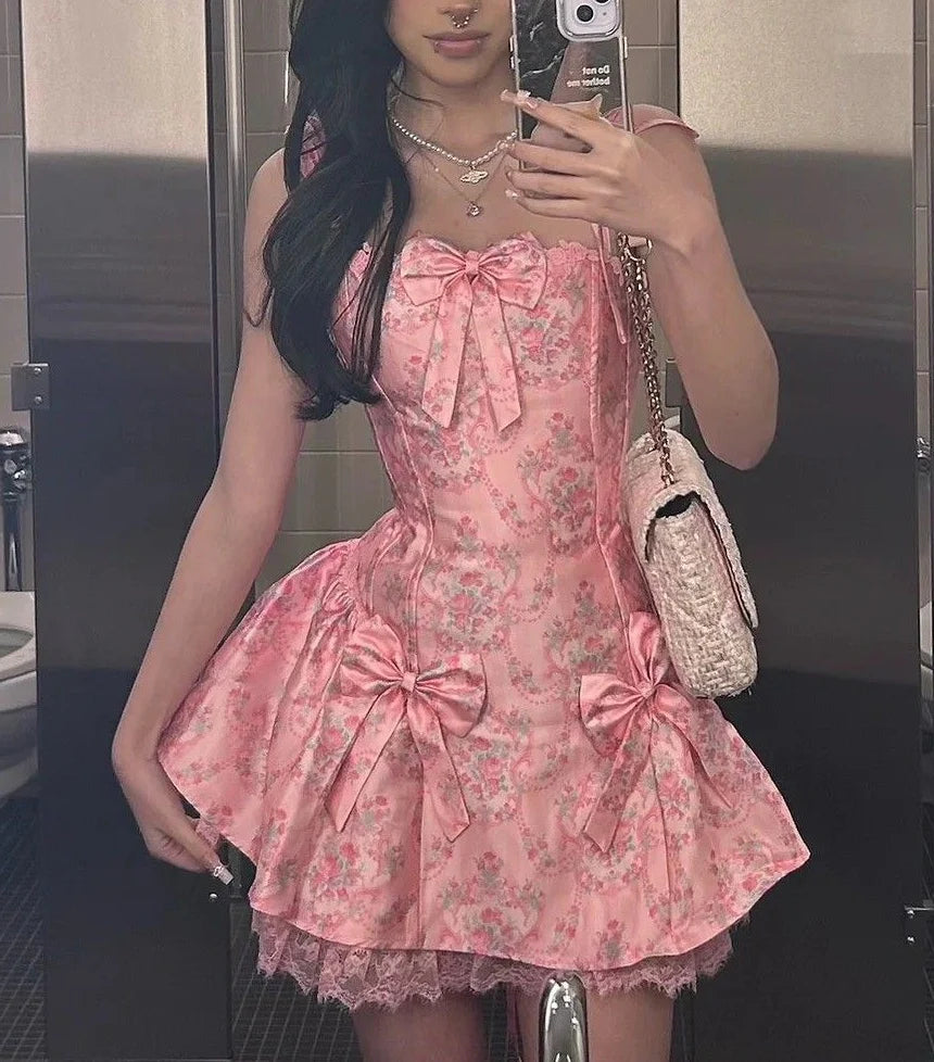 Vintage Pink Floral Print Straps Short A Line Homecoming Dress With Bow Details And Lace Edge AS863