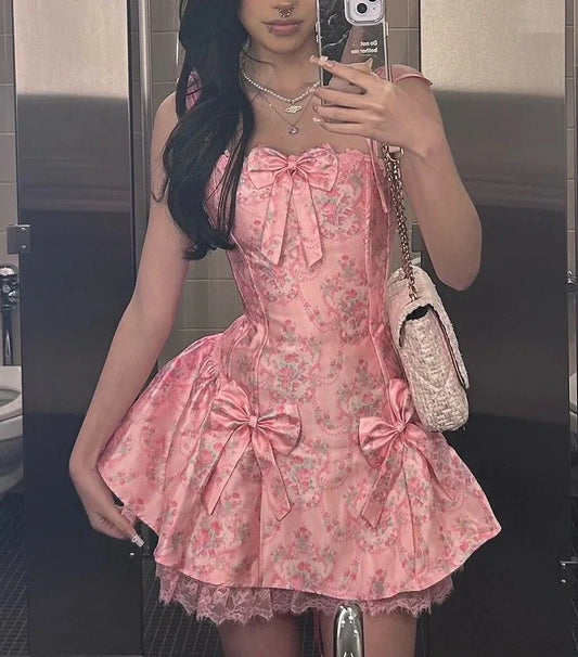 Vintage Pink Floral Print Straps Short A Line Homecoming Dress With Bow Details And Lace Edge AS863