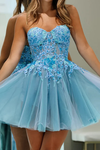 Dreamy Light Blue Strapless Sweetheart Short A Line Homecoming Dress With Floral Applique And Multi-Layer Tulle Flowy Skirt AS864