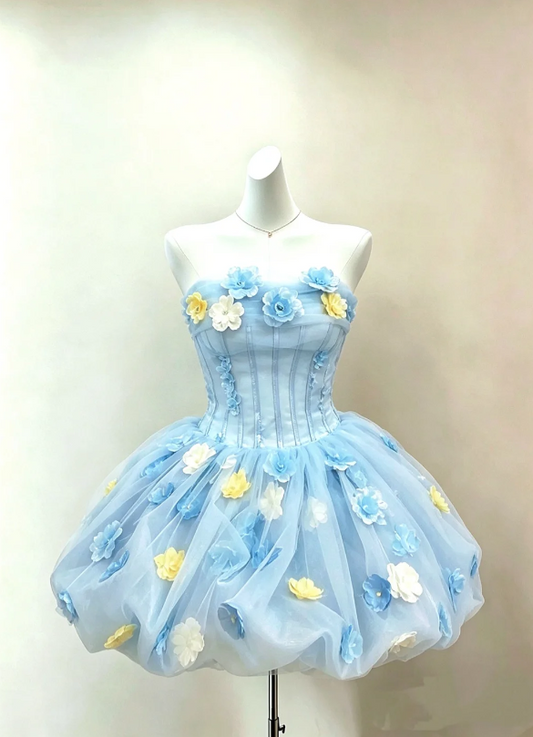 Delicate Light Blue Strapless Corset Short A Line Homecoming Dress 3D Mixed Color Floral Appliques Bubble Puff Tulle Short Prom Gown AS867
