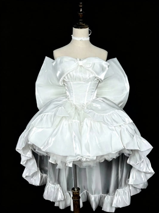 Dreamy Light Blue Off Shoulder A Line High-Low Short Homecoming Dress With Oversized Back Bow AS970