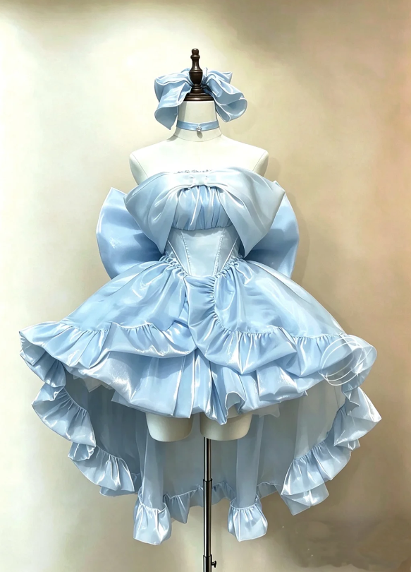 Dreamy Light Blue Off Shoulder A Line High-Low Short Homecoming Dress With Oversized Back Bow AS970