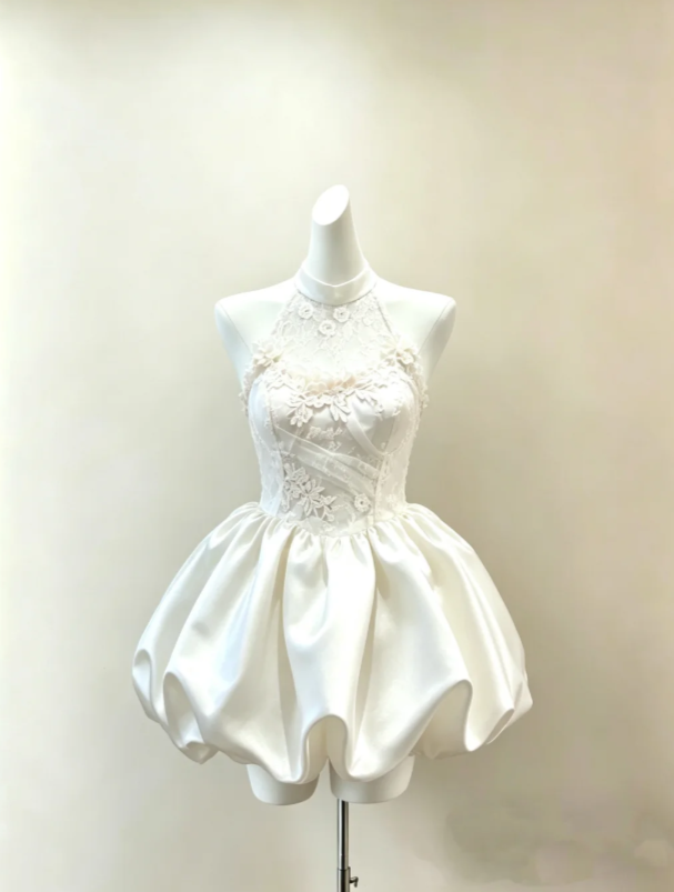 Soft White Halter High Neck Floral Lace Corset Short A Line Homecoming Dress 3D Flower Applique Bubble Puff Satin Skirt AS972