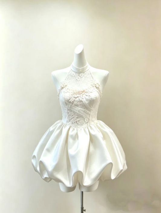 Soft White Halter High Neck Floral Lace Corset Short A Line Homecoming Dress 3D Flower Applique Bubble Puff Satin Skirt AS972