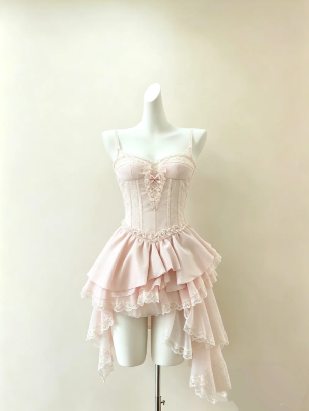 Delicate Light Pink Spaghetti Straps Lace Corset Mini A Line Homecoming Dress With Multi-Layer Lace Trim Asymmetrical Skirt AS973