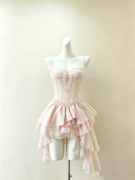 Delicate Light Pink Spaghetti Straps Lace Corset Mini A Line Homecoming Dress With Multi-Layer Lace Trim Asymmetrical Skirt AS973