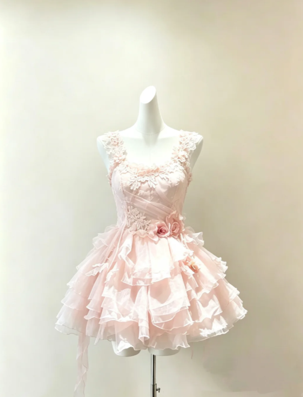 Delicate Light Pink Straps A Line Short Homecoming Dress 3D Floral Appliques Multi-Layer Ruffled Skirt AS974