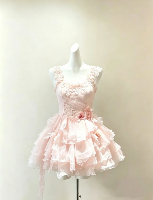 Delicate Light Pink Straps A Line Short Homecoming Dress 3D Floral Appliques Multi-Layer Ruffled Skirt AS974