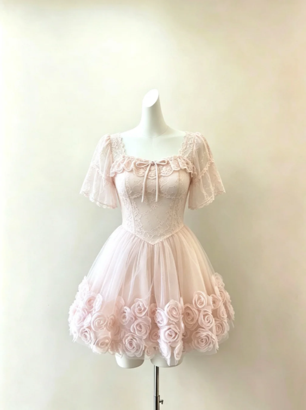 Romantic Blush Pink Square Neck Short Sleeve Lace Corset A Line Short Homecoming Dress With 3D Rose Floral Tulle Skirt AS975