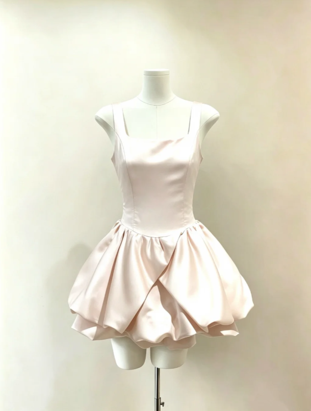 Minimal Blush Pink Square Neck Straps Satin A Line Mini Homecoming Dress Bubble Puff Skirt AS976