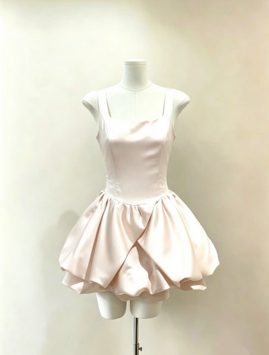 Minimal Blush Pink Square Neck Straps Satin A Line Mini Homecoming Dress Bubble Puff Skirt AS976