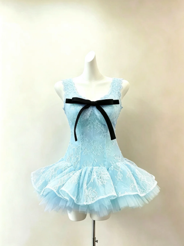 Sky Light Blue Straps Floral Lace A Line Mini Homecoming Dress With Black Front Bow And Ruffle Tulle Puff Skirt AS977