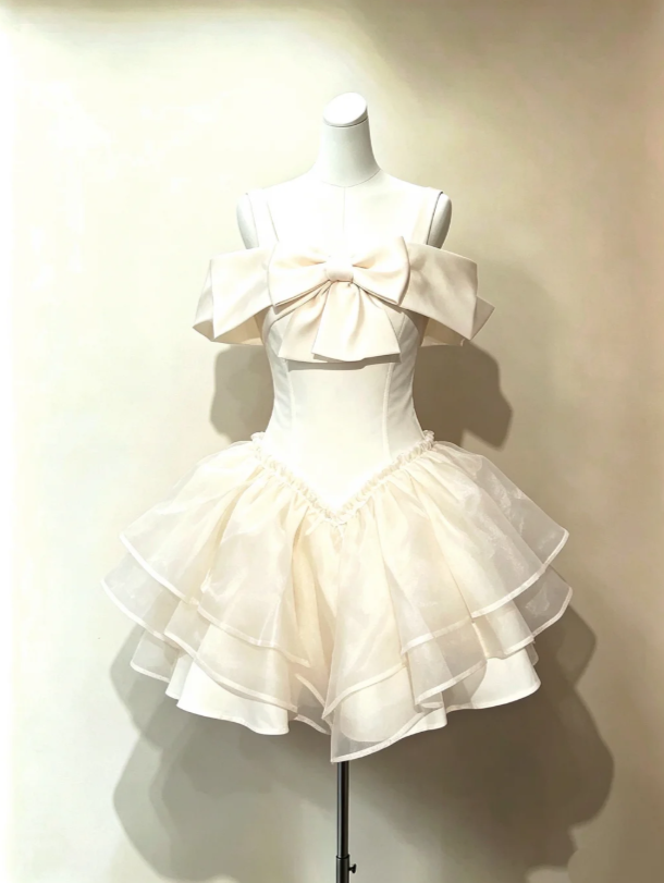 Elegant Ivory Off The Shoulder Giant Bow Satin Corset Organza Tiered Ruffle A Line Mini Homecoming Dress AS981
