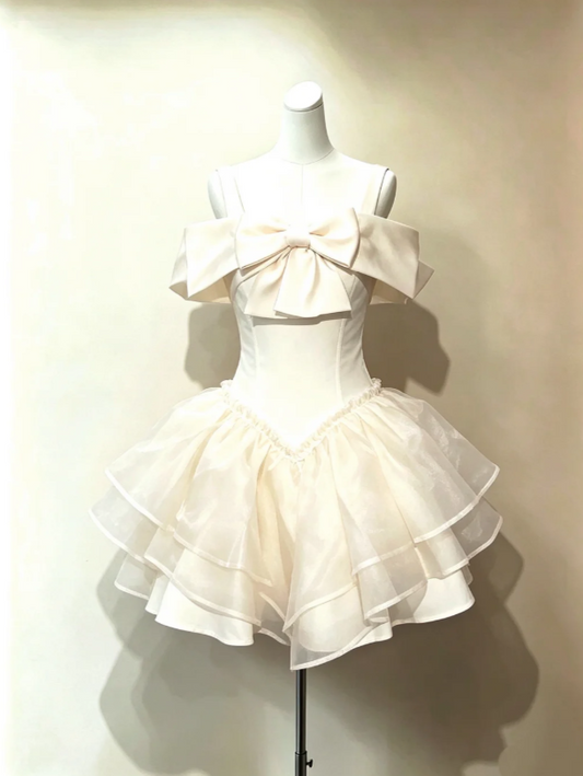 Elegant Ivory Off The Shoulder Giant Bow Satin Corset Organza Tiered Ruffle A Line Mini Homecoming Dress AS981