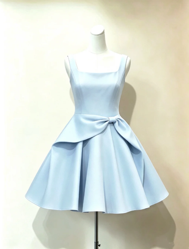 Elegant Sky Blue Square Neck Straps Satin A Line Short Homecoming Dress Waist Fold Bow AS981