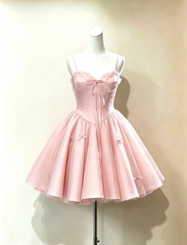 Sweet Light Pink Spaghetti Straps Bows Accent Tulle Short A Line Homecoming Dress AS983