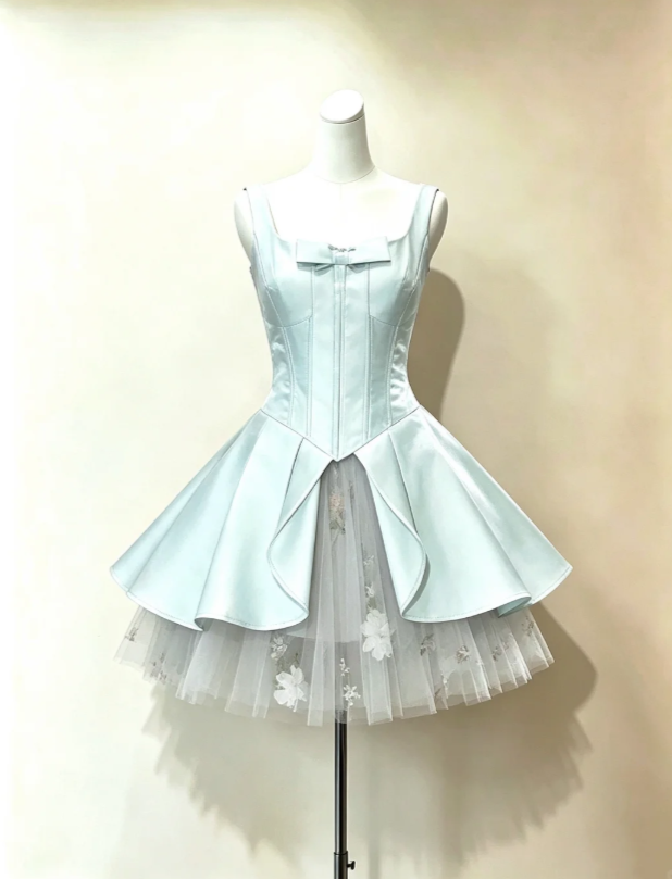 Chic Mint Wide Straps Square Neck Bow Satin Overlay Floral Tulle Underlayer Short A Line Homecoming Dress AS984