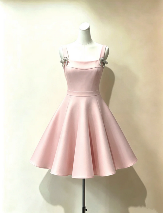 Chic Light Pink Square Neck Wide Straps Rhinestone Bow Satin A-Line Short Homecoming Dress AS985