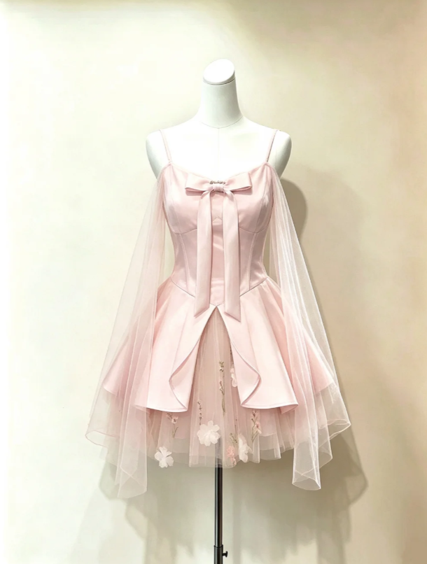 Dreamy Light Pink Spaghetti Straps Front Large Bow Stain A Line Short Homecoming Dress With Floral Tulle Underlayer AS986