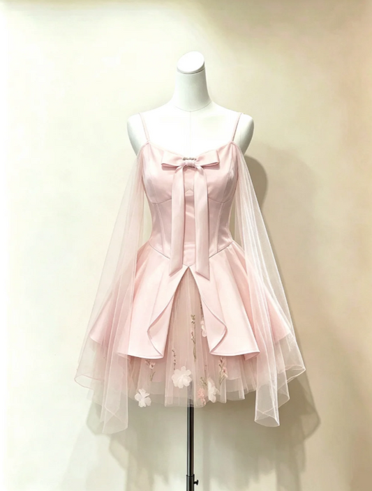 Dreamy Light Pink Spaghetti Straps Front Large Bow Stain A Line Short Homecoming Dress With Floral Tulle Underlayer AS986