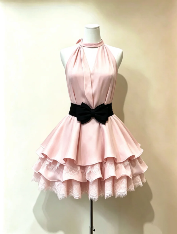 Delicate Light Pink Halter V Neck Black Waist Bow Multi-Layer Ruffle Lace Hem A Line Short Homecoming Dress AS988