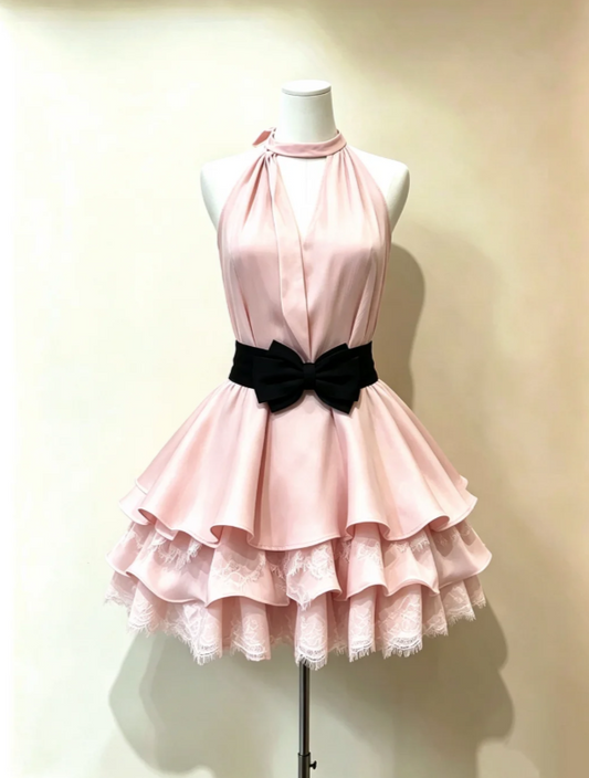 Delicate Light Pink Halter V Neck Black Waist Bow Multi-Layer Ruffle Lace Hem A Line Short Homecoming Dress AS988