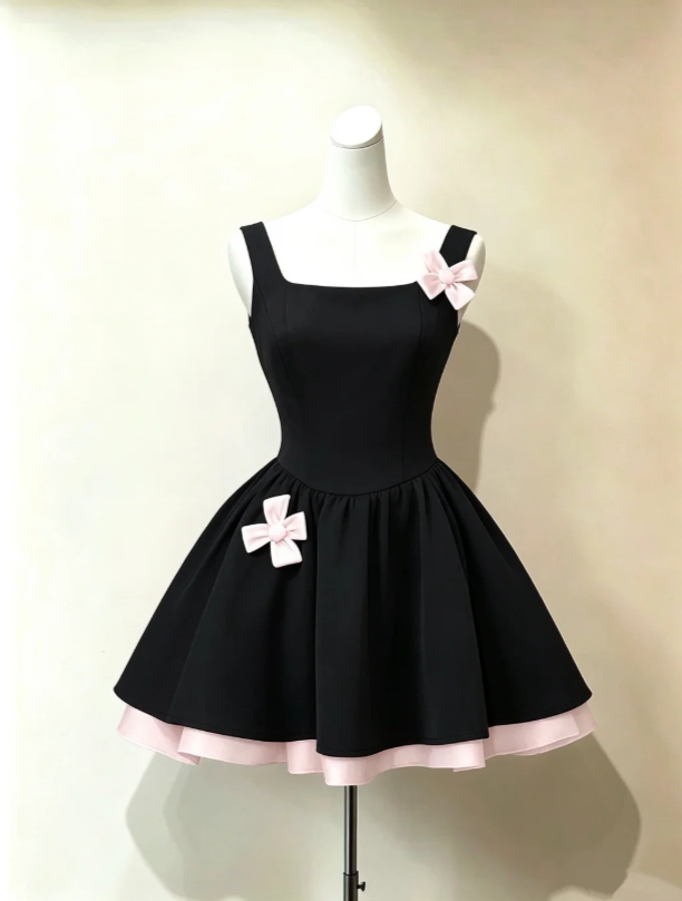 Cute Black Square Neck Wide Straps Double Layer Pink Bow A line Short Homecoming Dress AS989