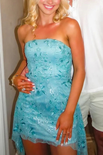 Vivid Blue Strapless Lace Floral Sequin Appliques Bodycon Short Homecoming Dress AS990