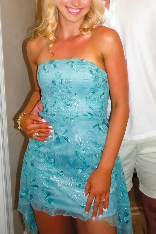 Vivid Blue Strapless Lace Floral Sequin Appliques Bodycon Short Homecoming Dress AS990