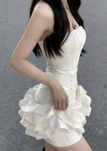 Luminous Ivory Strapless Corset Satin Bodycon Short Homecoming Dress With Voluminous Bubble Ruffle Hem AS993