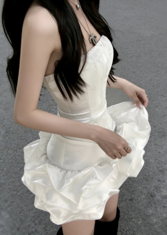 Luminous Ivory Strapless Corset Satin Bodycon Short Homecoming Dress With Voluminous Bubble Ruffle Hem AS993