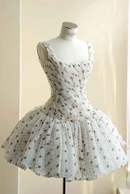 Delicate White Square Neck Straps Ruched Bodice Muted Polka Dot Sheer Tulle A Line Homecoming Dress AS994