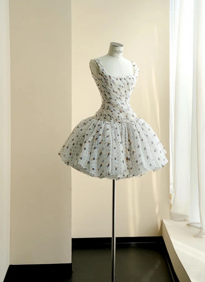 Delicate White Square Neck Straps Ruched Bodice Muted Polka Dot Sheer Tulle A Line Homecoming Dress AS994