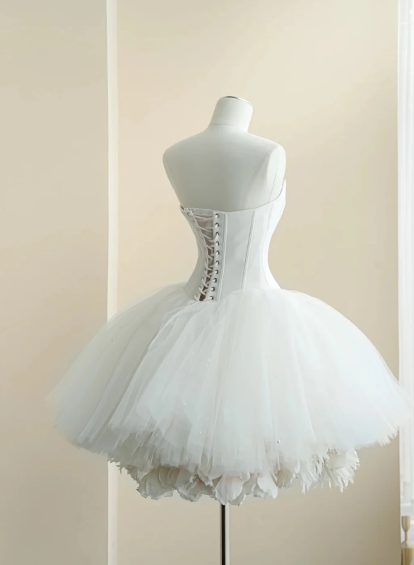 Pure Snow White Strapless Corset Bodice Multi-Layer Voluminous Tulle Tutu Floral Trim Hem A Line Short Homecoming Dress AS995