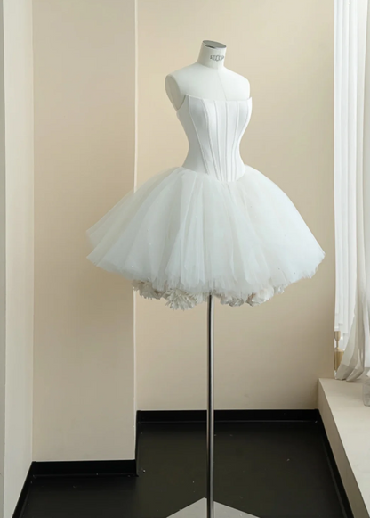 Pure Snow White Strapless Corset Bodice Multi-Layer Voluminous Tulle Tutu Floral Trim Hem A Line Short Homecoming Dress AS995