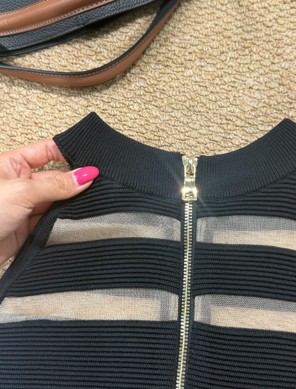 Chic Black High Neck Sleeveless Horizontal Sheer Mesh Striped Rib Knit Cinched Waist A-Line Short Homecoming Dress AS996