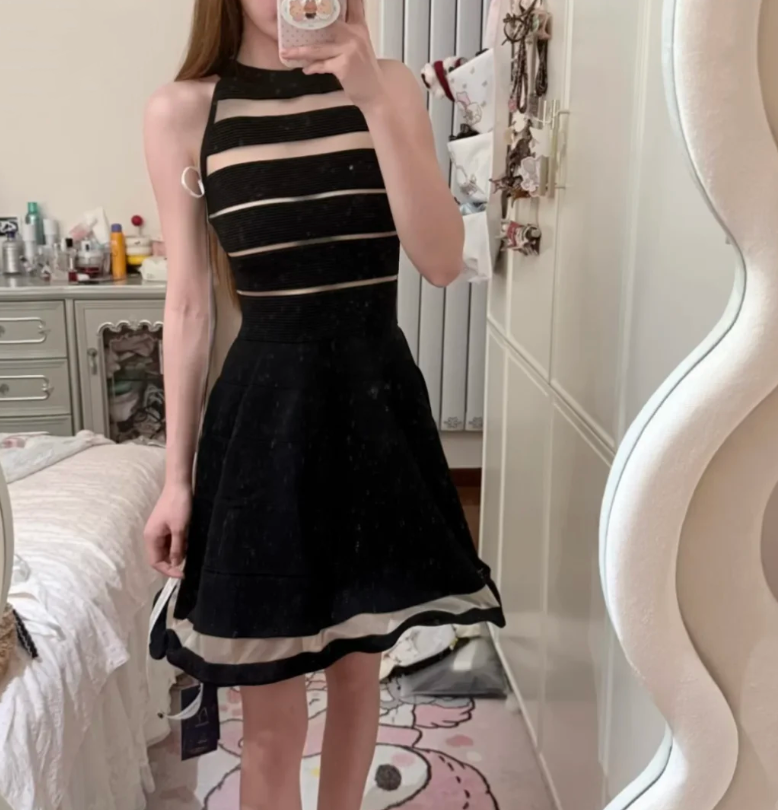 Chic Black High Neck Sleeveless Horizontal Sheer Mesh Striped Rib Knit Cinched Waist A-Line Short Homecoming Dress AS996