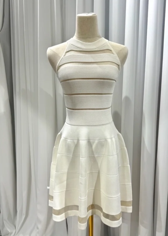 Chic Black High Neck Sleeveless Horizontal Sheer Mesh Striped Rib Knit Cinched Waist A-Line Short Homecoming Dress AS996