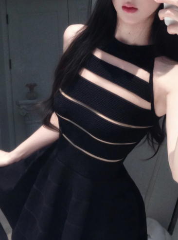 Chic Black High Neck Sleeveless Horizontal Sheer Mesh Striped Rib Knit Cinched Waist A-Line Short Homecoming Dress AS996